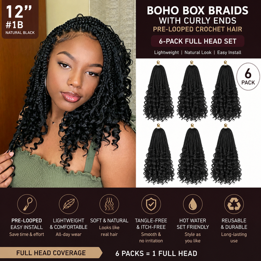 Tresses courtes bohèmes à pointes bouclées – Cheveux crochetés pré-bouclés de 30 cm #1B, paquet de 6 « Kit complet »