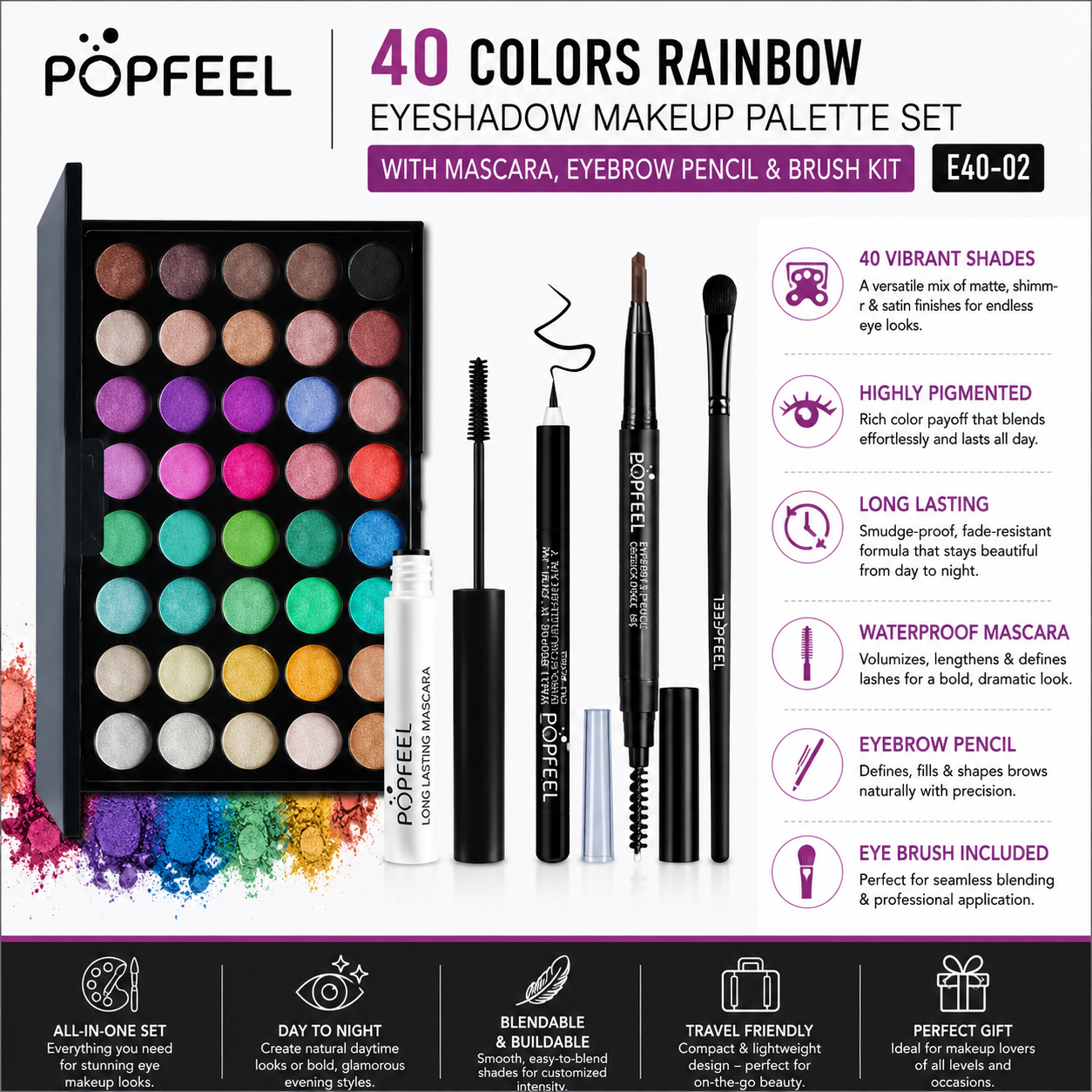 POPFEEL Palette Arc-en-Ciel de 40 Couleurs de Fards à Paupières avec Mascara, Crayon à Sourcils et Kit de Pinceaux – E40-02