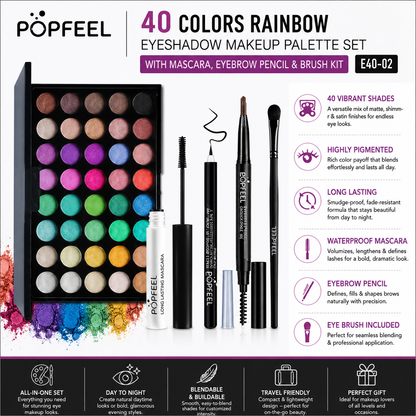 POPFEEL Palette Arc-en-Ciel de 40 Couleurs de Fards à Paupières avec Mascara, Crayon à Sourcils et Kit de Pinceaux – E40-02