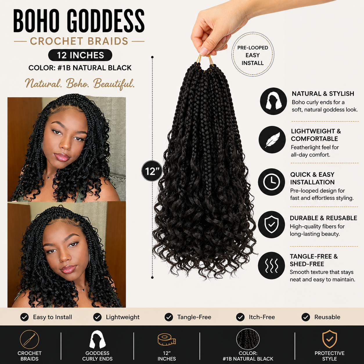 Boho Goddess Crochet Braids 12″ – Curly-End Protective Braiding Hair for Natural Hairstyles Clessenza Beauty Store