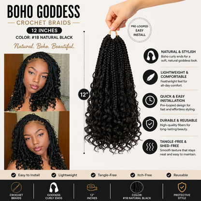 Boho Goddess Crochet Braids 12″ – Curly-End Protective Braiding Hair for Natural Hairstyles Clessenza Beauty Store