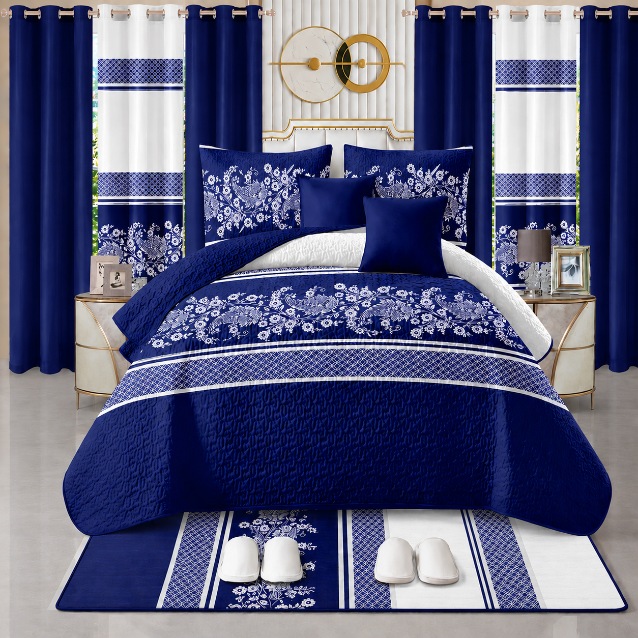 Ensemble de Literie Luxe Bleu Marine 24 Pièces King avec Rideaux et Accessoires de Salle de Bain