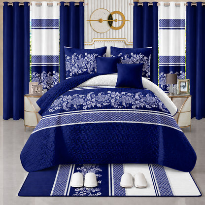 Ensemble de Literie Luxe Bleu Marine 24 Pièces King avec Rideaux et Accessoires de Salle de Bain