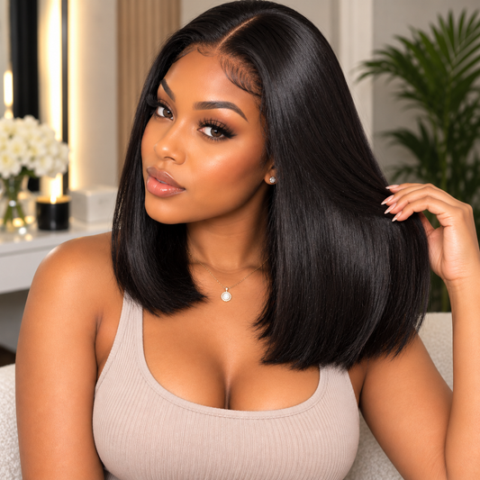 13×4 Lace Front Human Hair Bob Wig – 12″ Straight – Natural Black – 150% Density Clessenza Beauty Store