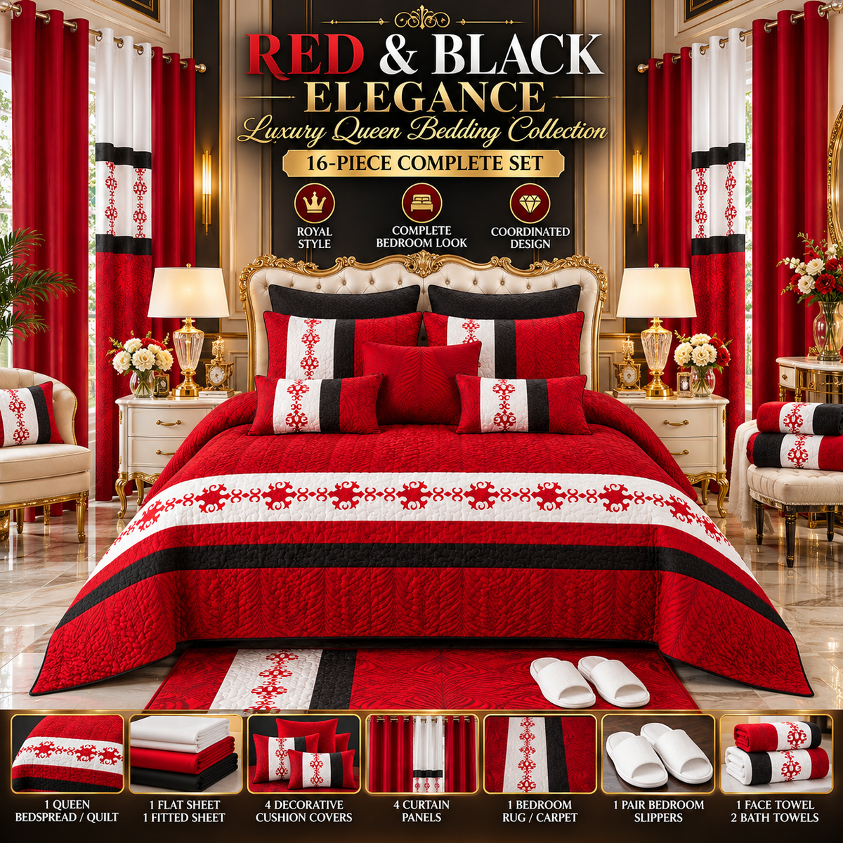 16-Piece Luxury Red & Black Bedding Set with Matching Curtains – Elegant Floral Design Clessenza Beauty Store