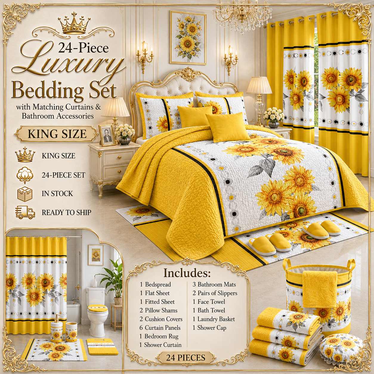 24-Piece Luxury King Size Bedding Set with Matching Curtains & Bathroom Accessories – Sunshine Yellow Sunflower Elegance Clessenza Beauty Store