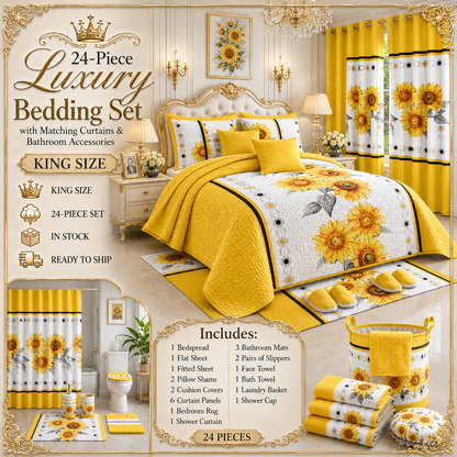 24-Piece Luxury King Size Bedding Set with Matching Curtains & Bathroom Accessories – Sunshine Yellow Sunflower Elegance Clessenza Beauty Store