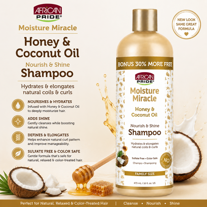 African Pride – Moisture Miracle Shampooing Nourrissant et Brillance au Miel et à l'Huile de Coco, 473 mL