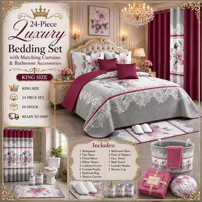 24-Piece King Size Luxury Bedding Set with Curtains & Bathroom Accessories – Burgundy & Pink Floral Elegance Clessenza Beauty Store