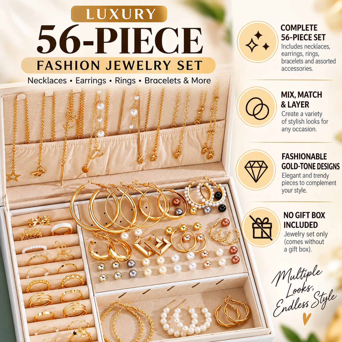 Luxury 56-Piece Fashion Jewelry Set – Gold-Tone Necklaces, Earrings, Rings, Bracelets & Accessories (No Gift Box) Clessenza Beauty Store
