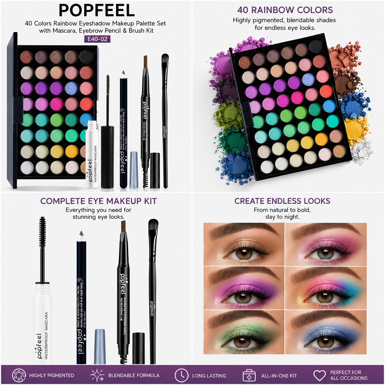 Palette de Maquillage POPFEEL 40 Couleurs Arc-en-ciel avec Mascara, Crayon à Sourcils et Kit de Pinceaux