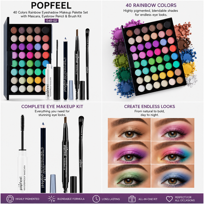 Palette de Maquillage POPFEEL 40 Couleurs Arc-en-ciel avec Mascara, Crayon à Sourcils et Kit de Pinceaux