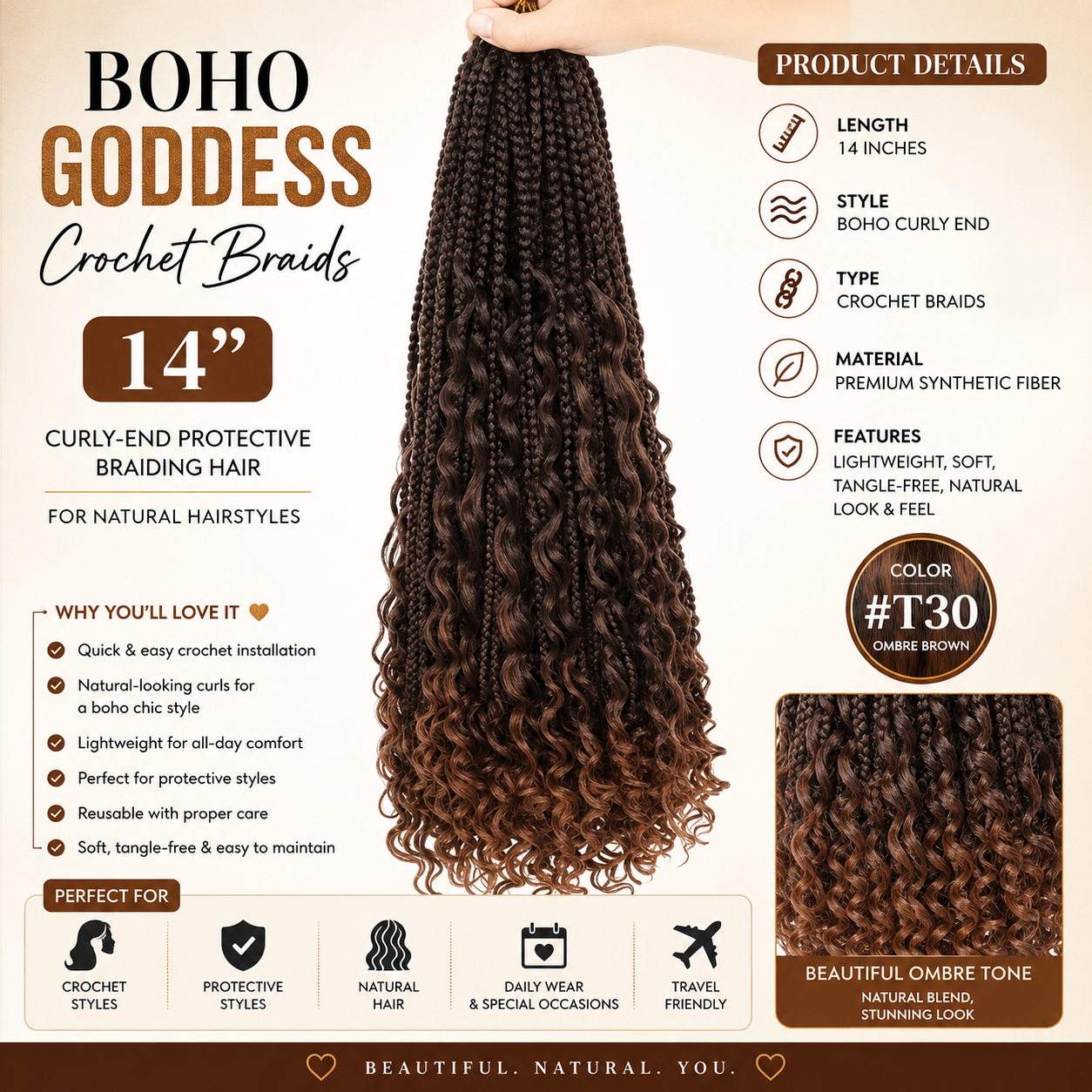Boho Goddess Crochet Braids 14″ – Curly-End Protective Braiding Hair, Color #T30 Ombre Brown Clessenza Beauty Store