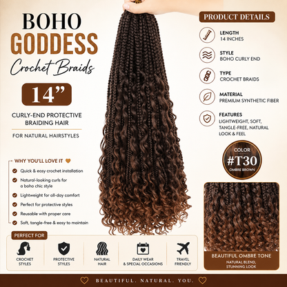 Boho Goddess Crochet Braids 14″ – Curly-End Protective Braiding Hair, Color #T30 Ombre Brown Clessenza Beauty Store