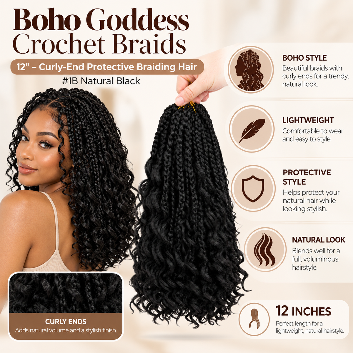 Boho Goddess Crochet Braids 12″ – Curly-End Protective Braiding Hair for Natural Hairstyles Clessenza Beauty Store