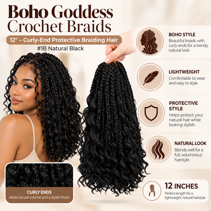 Boho Goddess Crochet Braids 12″ – Curly-End Protective Braiding Hair for Natural Hairstyles Clessenza Beauty Store