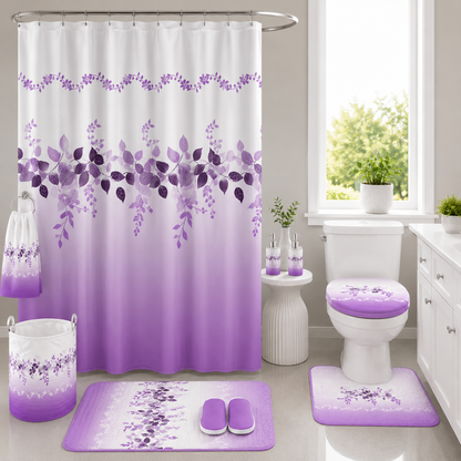 Ensemble de Literie Luxe Floral Violet 24 Pièces King avec Rideaux et Accessoires de Salle de Bain