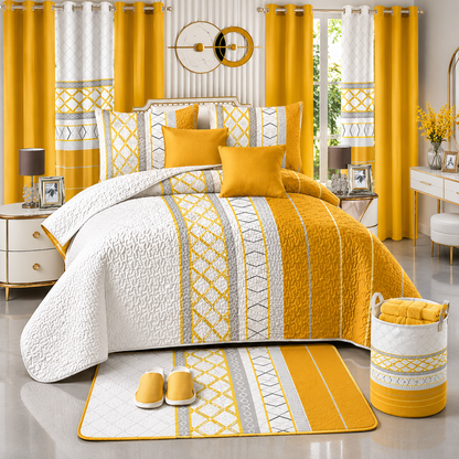 Ensemble de Literie Luxe Or et Blanc 24 Pièces King avec Rideaux et Accessoires de Salle de Bain
