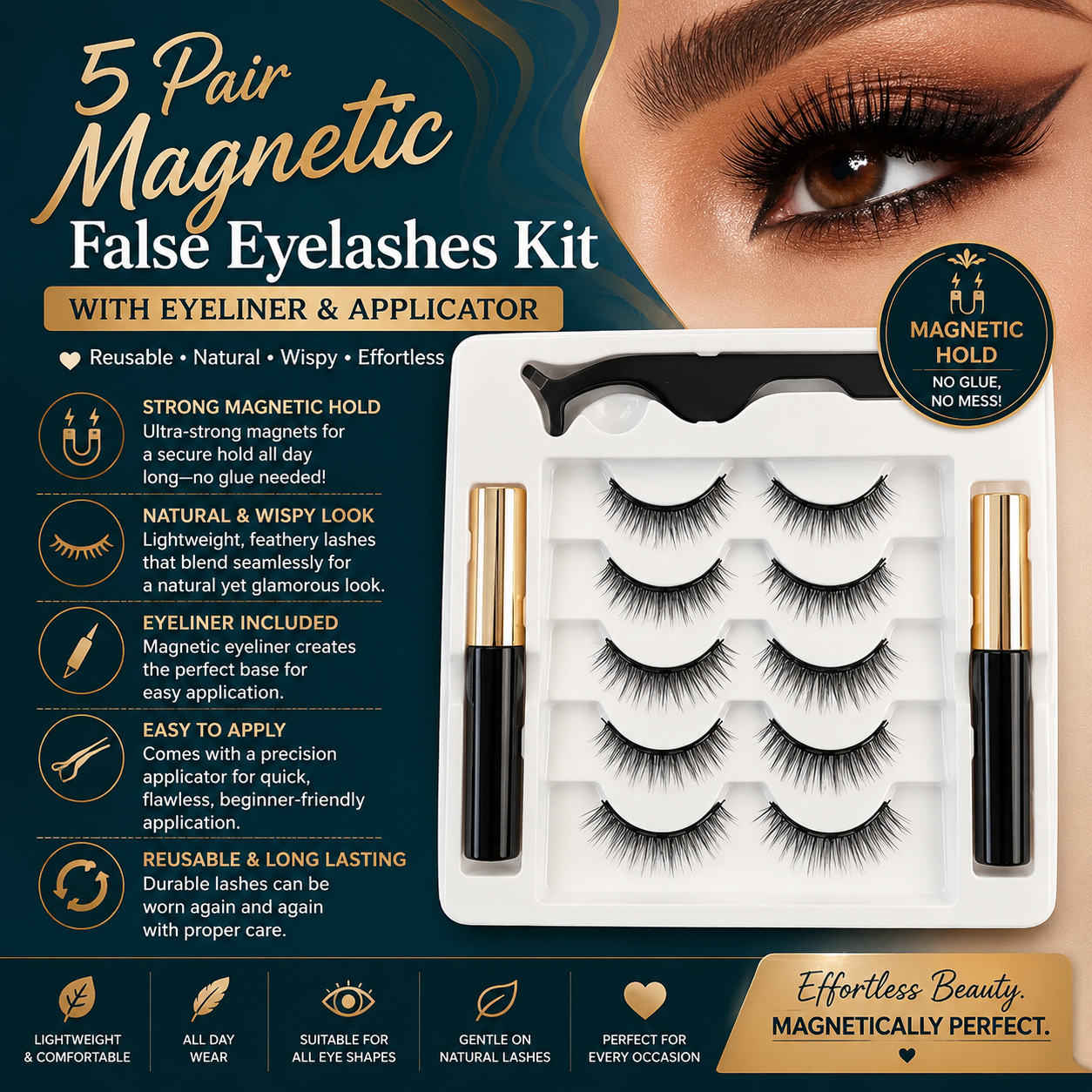 Kit Premium de Faux Cils Magnétiques – 5 Paires de Cils Naturels Réutilisables avec Eyeliner Magnétique et Applicateur