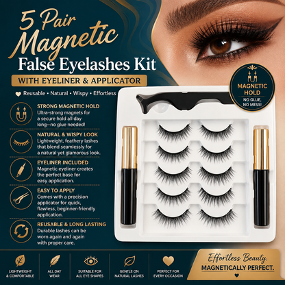 Kit Premium de Faux Cils Magnétiques – 5 Paires de Cils Naturels Réutilisables avec Eyeliner Magnétique et Applicateur