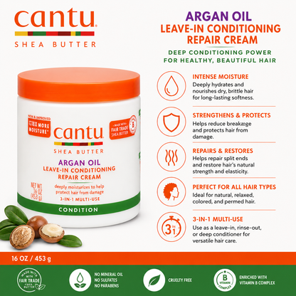 A 16 oz jar of Cantu Shea Butter Argan Oil Leave-In Conditioning Repair Cream on a white background with green and orange branding, alongside feature icons and ingredient imagery.