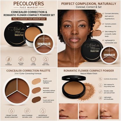 Ensemble Correcteur Pecolovers et Poudre Compacte Romantic Flower – Duo Maquillage Haute Couvrance