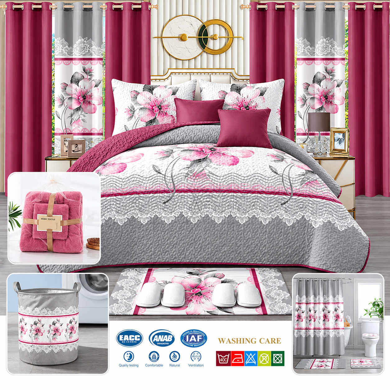 24-Piece King Size Luxury Bedding Set with Curtains & Bathroom Accessories – Burgundy & Pink Floral Elegance Clessenza Beauty Store