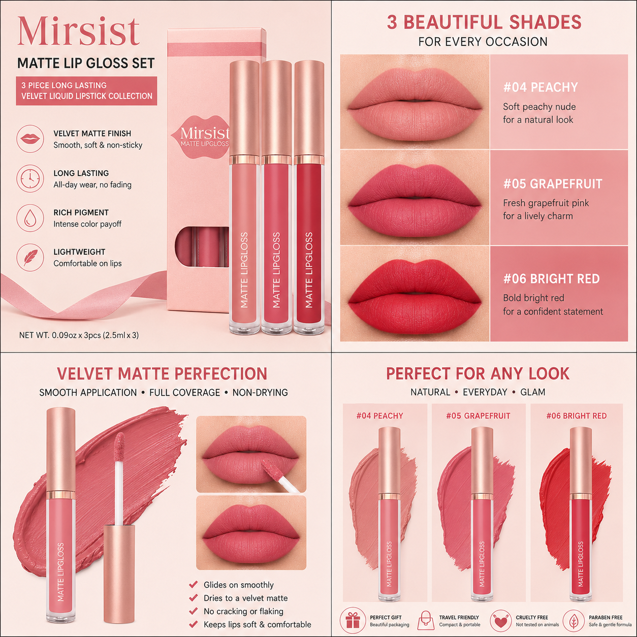 Ensemble de Rouges à Lèvres Liquides Mats Mirsist – Collection Velours Longue Tenue 3 Pièces
