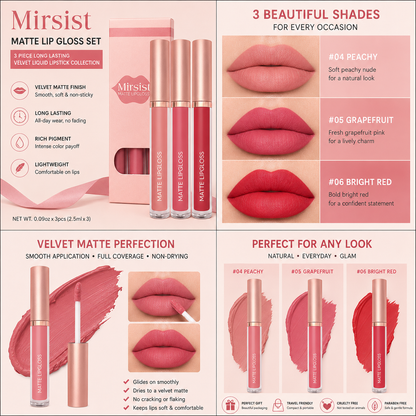 Ensemble de Rouges à Lèvres Liquides Mats Mirsist – Collection Velours Longue Tenue 3 Pièces