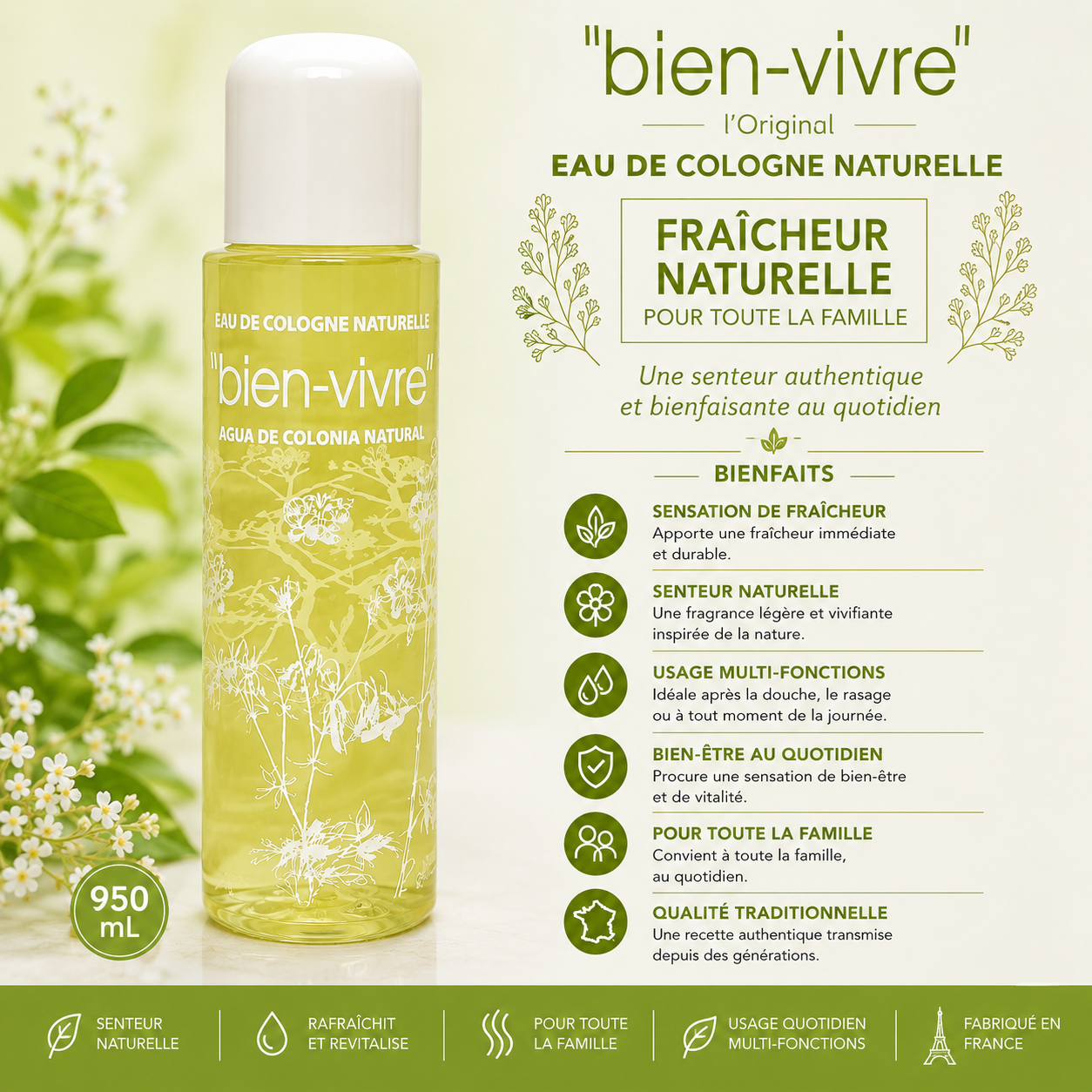 Bien-Vivre – Eau de Cologne Naturelle, 950 mL