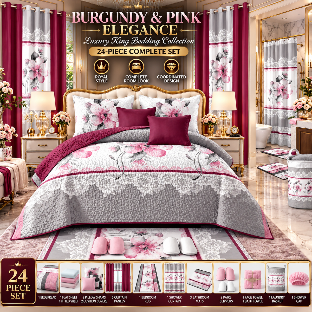 24-Piece King Size Luxury Bedding Set with Curtains & Bathroom Accessories – Burgundy & Pink Floral Elegance Clessenza Beauty Store