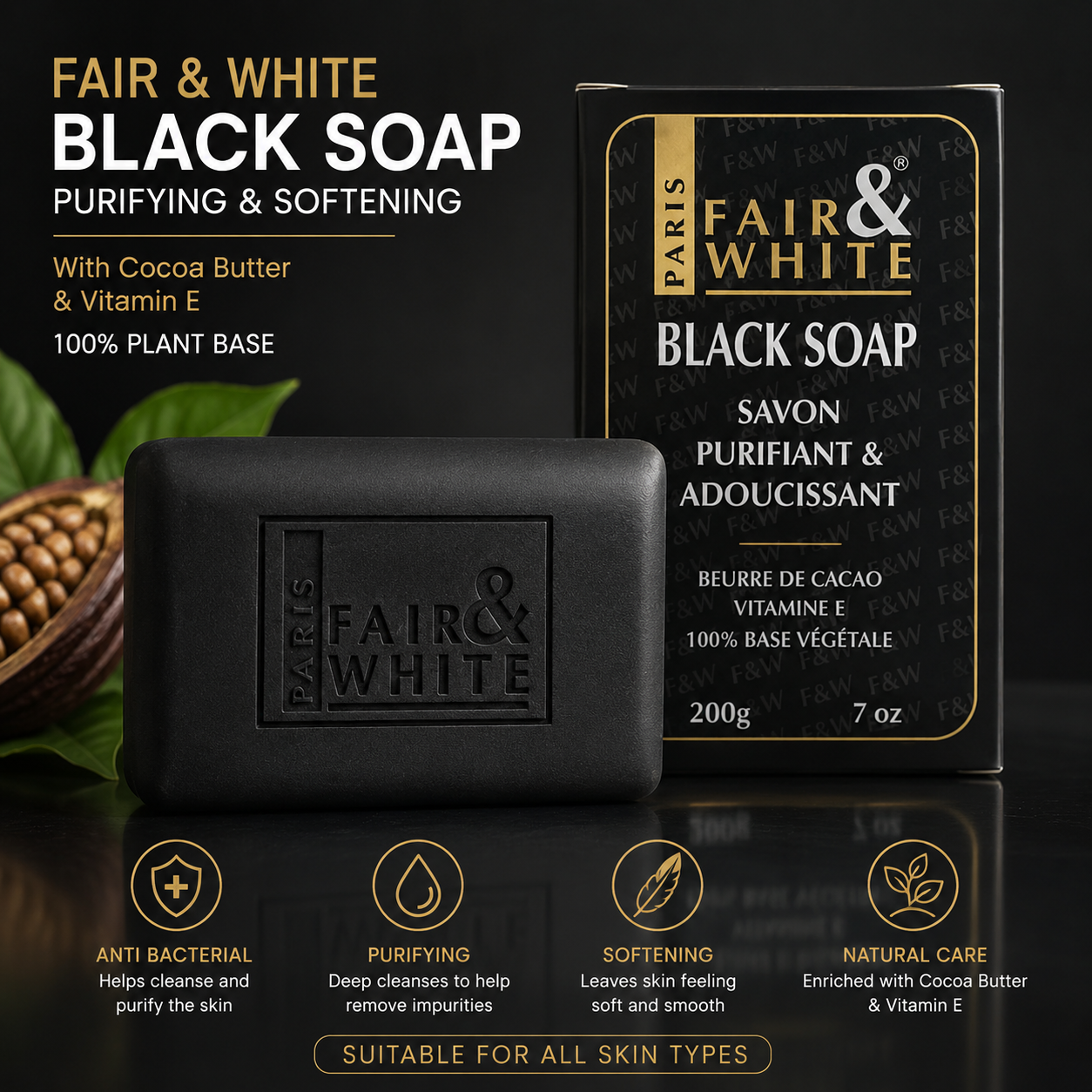 Fair and White – Original Black Soap with Cocoa Butter & Vitamin E, 200g