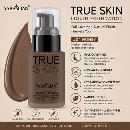Yabaolian Fond de Teint Liquide True Skin – Couvrance Totale au Fini Naturel