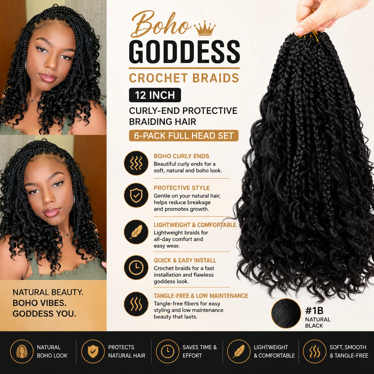 Boho Goddess Crochet Braids 12″ – Curly-End Protective Braiding Hair, #1B | 6-Pack Full Head Set Clessenza Beauty Store