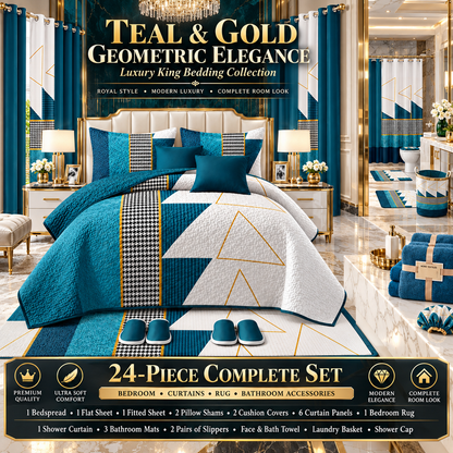 24-Piece Luxury King Size Bedding Set with Matching Curtains & Bathroom Accessories – Teal & Gold Geometric Elegance Clessenza Beauty Store