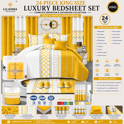 24-Piece King Size Gold & White Luxury Bedding Set with Curtains & Bathroom Accessories