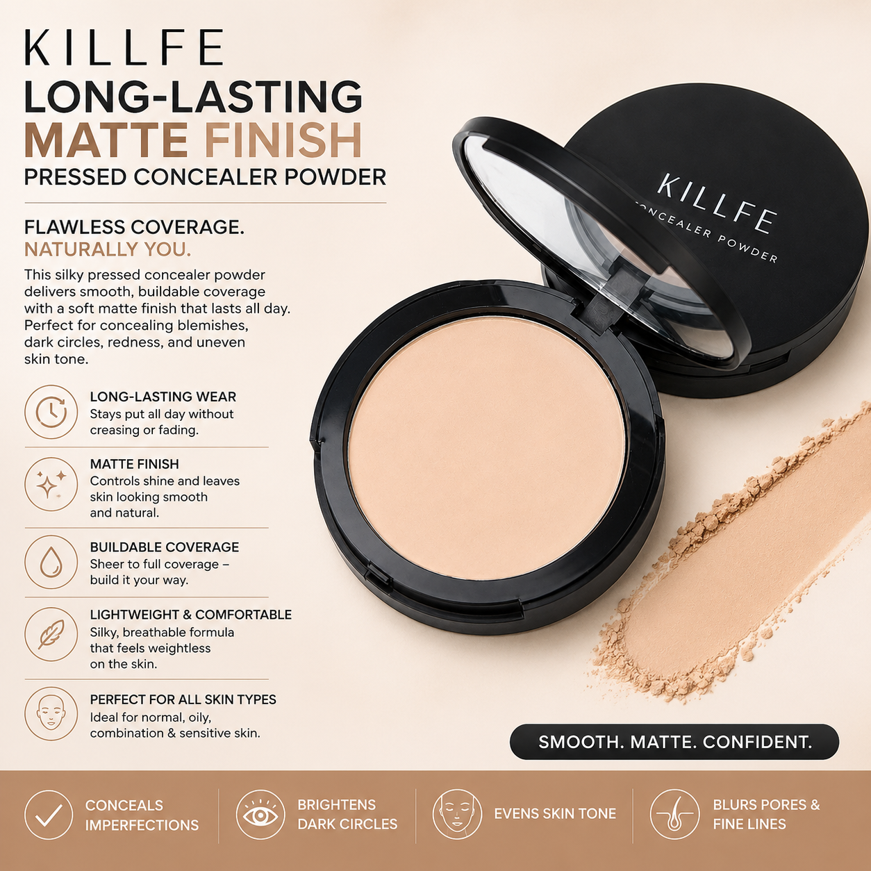 Killfe – Poudre Compacte Correctrice au Fini Mat Longue Tenue