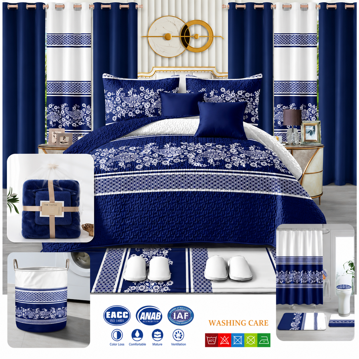 24-piece king size luxury bedding set featuring an elegant navy blue and white ornamental comforter, matching curtains, decorative cushions, shower curtain, bathroom mats, towels, slippers, laundry basket, and coordinated bathroom accessories.