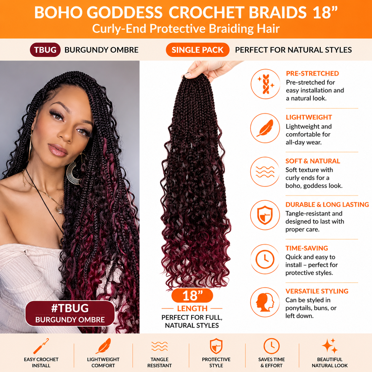 Boho Goddess Crochet Braids 18″ – Curly-End Protective Braiding Hair, Color #TBUG Burgundy Ombre