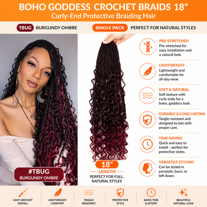 Boho Goddess Crochet Braids 18″ – Curly-End Protective Braiding Hair, Color #TBUG Burgundy Ombre