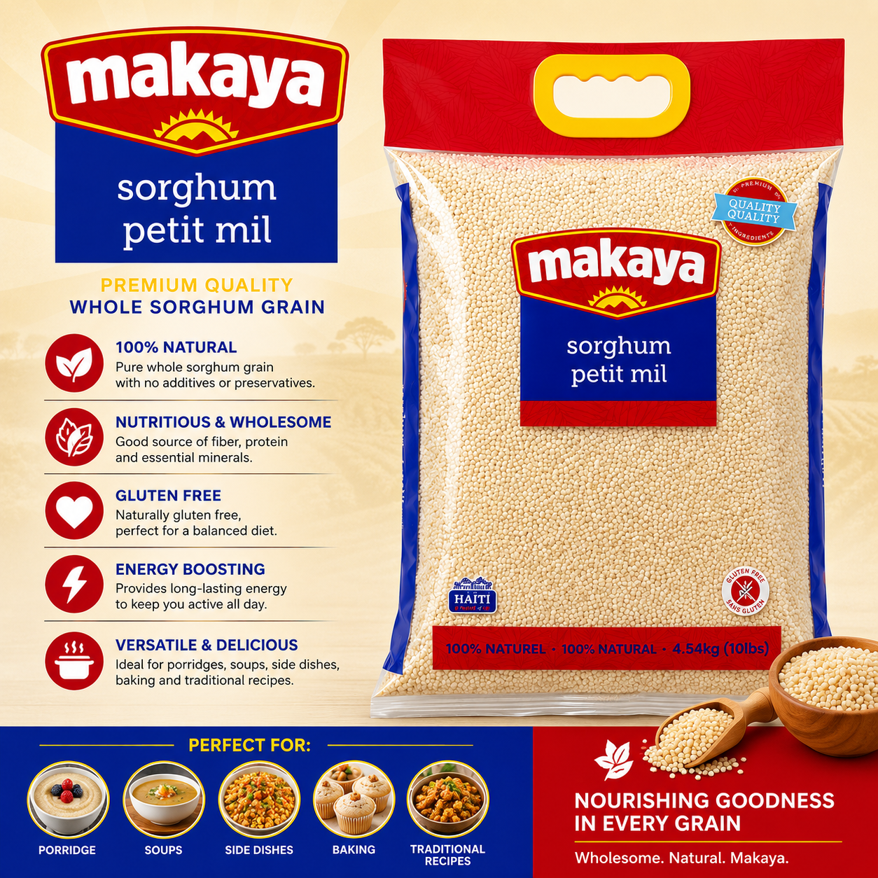 Makaya – Premium Petit Mil (Whole Sorghum Grain), 10 lb