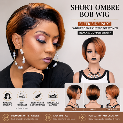 Short Ombre Bob Wig – Sleek Side Part Synthetic Pixie Cut Wig for Women