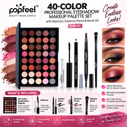 POPFEEL 40-Color Professional Eyeshadow Makeup Palette Set with Mascara, Eyebrow Pencil & Brush Kit – E40-01