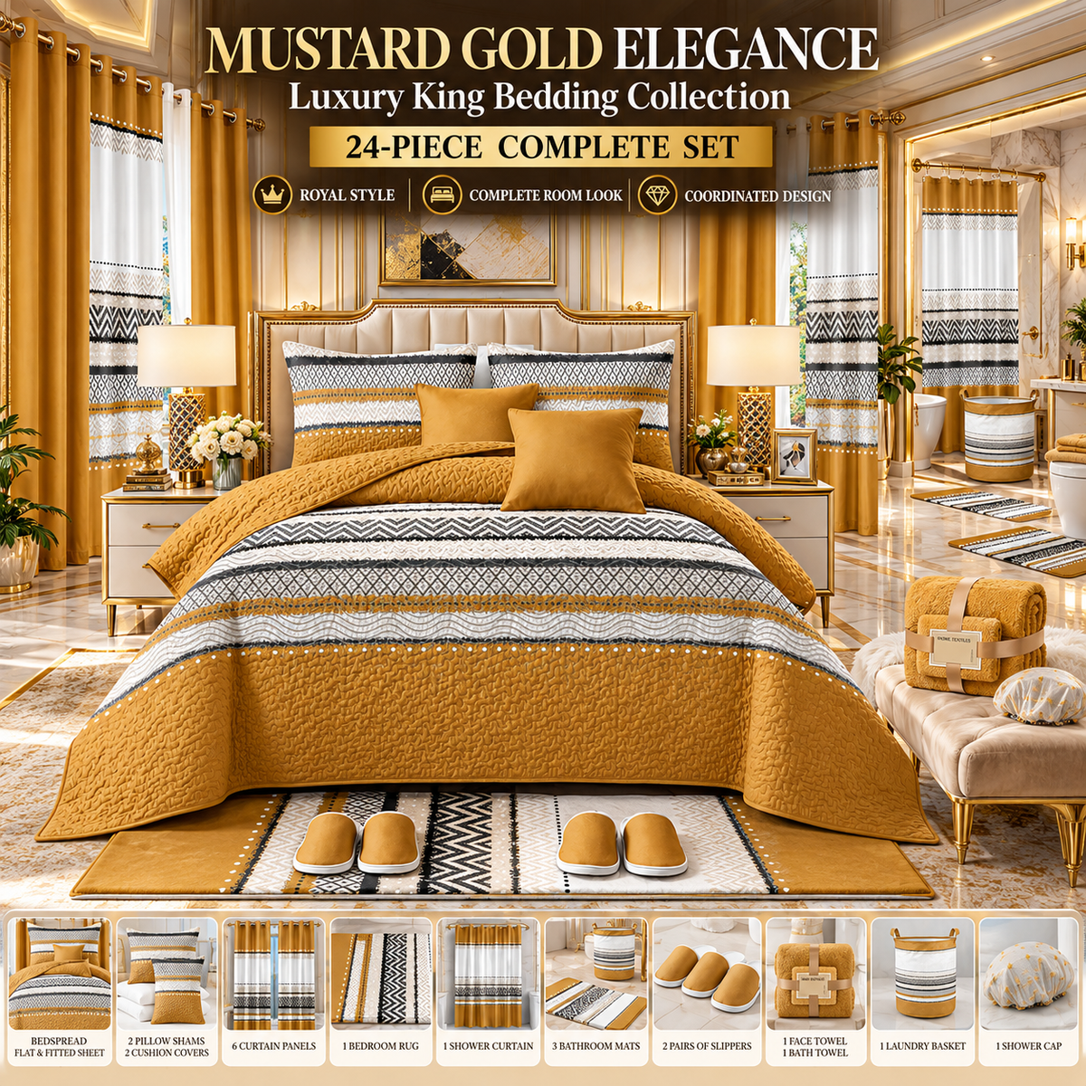 24-Piece Luxury Bedding Set with Matching Curtains & Bathroom Accessories – Mustard Gold & Black Geometric Elegance Clessenza Beauty Store