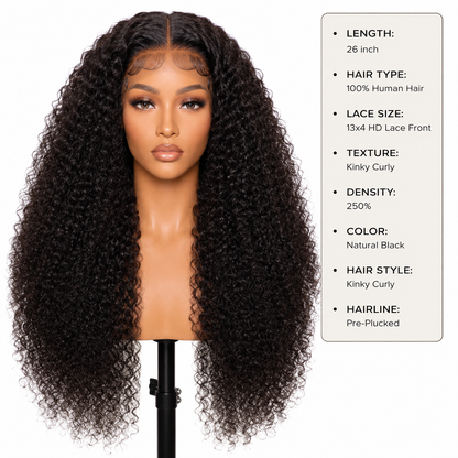 13x4 HD Lace Front Kinky Curly Human Hair Wig – 26″, 250% Full Volume Clessenza Beauty Store