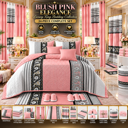24-Piece King Size Luxury Bedding Set with Curtains & Bathroom Accessories – Blush Pink, Black & Gray Elegance Clessenza Beauty Store