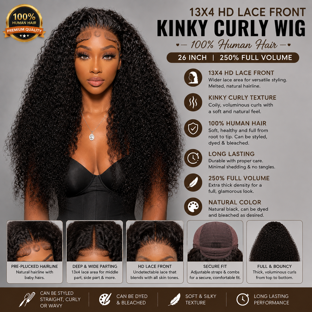 13x4 HD Lace Front Kinky Curly Human Hair Wig – 26″, 250% Full Volume