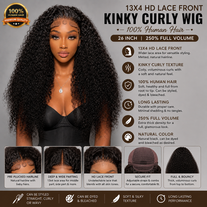 13x4 HD Lace Front Kinky Curly Human Hair Wig – 26″, 250% Full Volume
