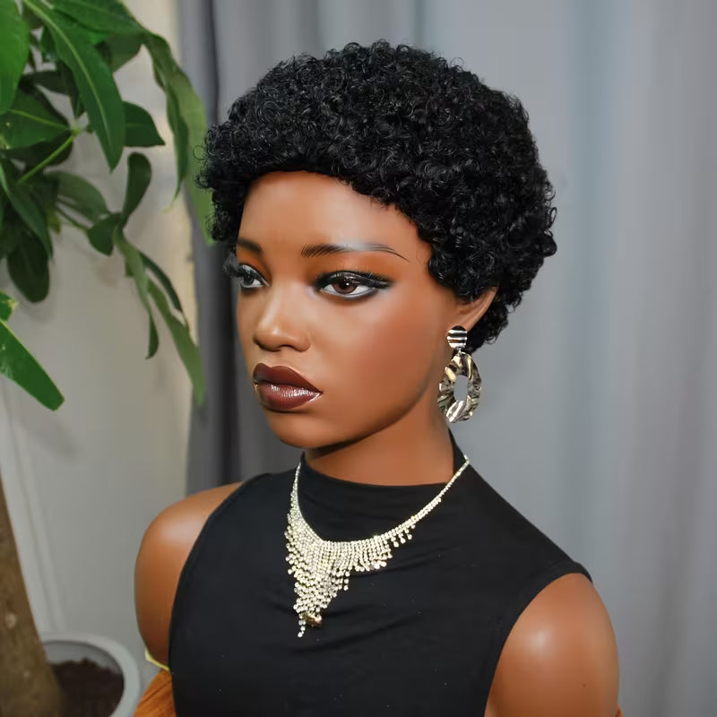Non-Lace Human Hair Afro Kinky Curly Pixie Wig – 4 Inch Short Natural Style, 150% Density