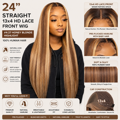 Perruque Lace Front HD 13x4 Cheveux Humains Lisses 24 po – Mèches Blond Miel #4/27, Pré-Épilée